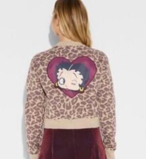 Betty Boop Leopard Print Cropped Sweater Button Front Size L Retro Heart Pin Up